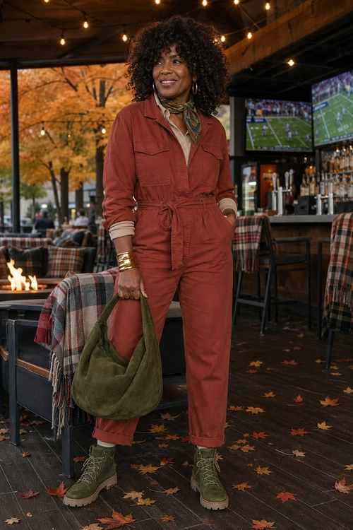 Rust Utility Jumpsuit Woman wearing a rust utility jumpsuit with an olive bag, patterned neck scarf, gold cuffs, and olive lace-up ankle boots.