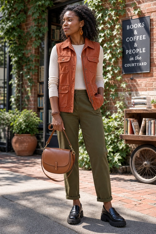 Rust Utility Vest and Olive Trousers A woman wears a rust utility vest over a cream ribbed top with cuffed olive trousers, black loafers, and a brown shoulder bag.