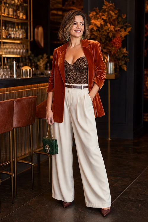 A woman wears a rust velvet blazer over a leopard print bustier with cream wide-leg trousers, a brown belt, pointed heels, earrings, and a small green handbag.