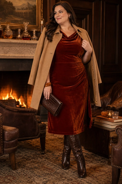 A woman wears a rust velvet midi dress with a camel coat draped over her shoulders, brown tall boots, and a dark textured clutch.