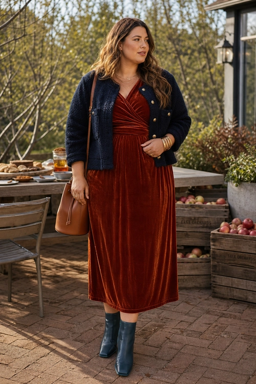 A woman wears a rust velvet midi dress with a navy cropped jacket, blue ankle boots, and a brown shoulder bag.