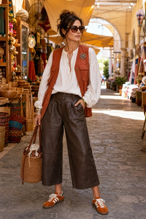 Rust Vest and Brown Cropped Pants Outfit A woman wears a white blouse, rust-colored utility vest, dark brown cropped wide-leg pants, and orange sneakers while carrying a woven basket bag.