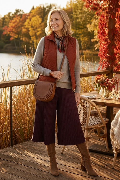 Rust Vest and Burgundy Culottes Woman wearing a rust quilted vest, gray sweater, patterned neck scarf, burgundy pleated culottes, brown crossbody bag, and tan boots.