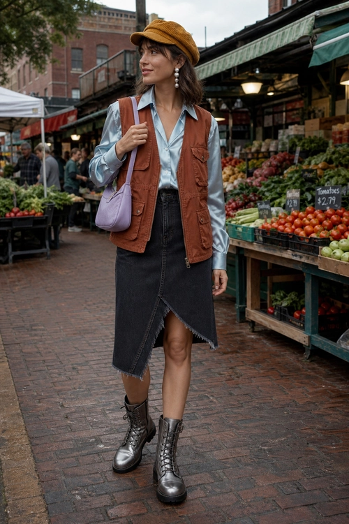 A woman wears a rust utility vest over a light blue shirt with a dark denim skirt, lace-up boots, a brown cap, and a lavender shoulder bag at an outdoor market.