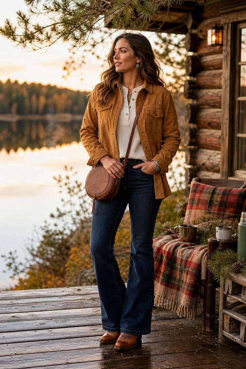 Rustic Lakeside Casual Outfit A woman wears a tan jacket, white button-front top, dark flared jeans, brown boots, and a round crossbody bag by a lakeside cabin.
