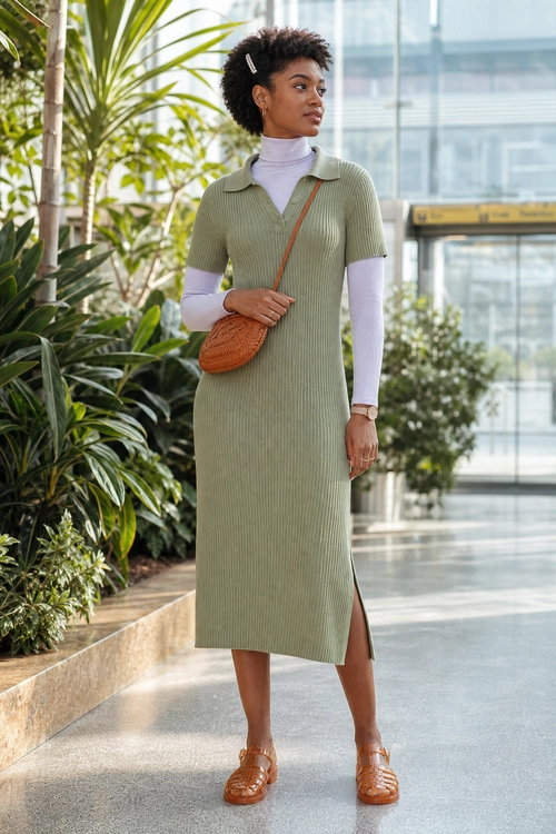 Sage Green Layered Knit Dress A woman wears a sage green ribbed midi dress layered over a lavender turtleneck with a brown woven crossbody bag and matching shoes.
