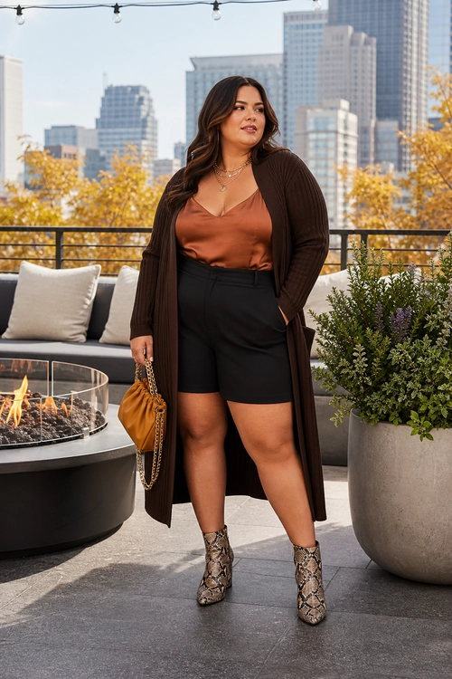 A woman wears a copper satin camisole with black shorts, a long dark brown cardigan, snake-print ankle boots, layered necklaces, and a mustard chain-strap bag.