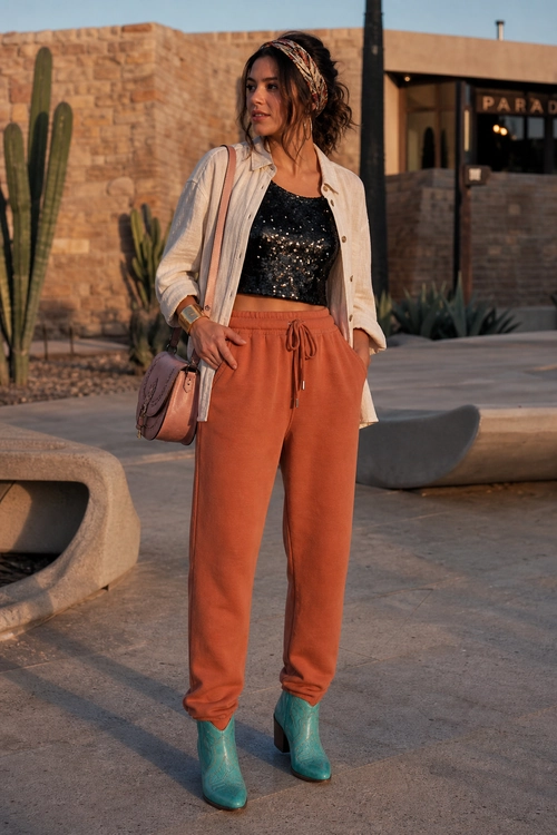 Sequined Top with Rust Joggers A woman wears a black sequined top, open beige overshirt, rust drawstring joggers, turquoise ankle boots, and a mauve shoulder bag.