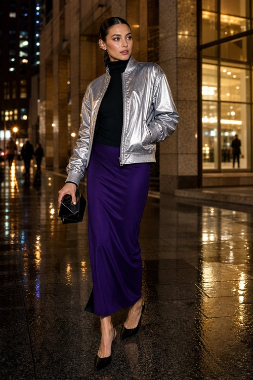 Silver Jacket and Purple Skirt Outfit A woman wears a metallic silver jacket over a black high-neck top with a long purple skirt, black pointed heels, and a black clutch.