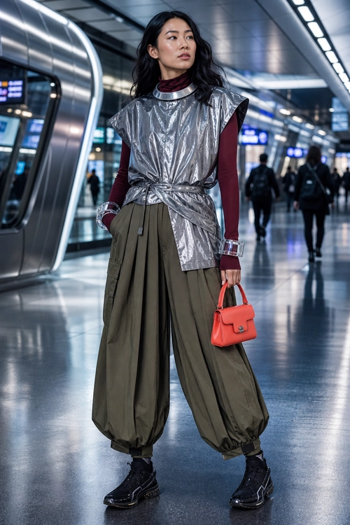 Silver Tunic and Olive Balloon Pants A fashion look featuring a metallic silver belted tunic over a burgundy high-neck top, olive balloon-leg pants, black boots, and a red handbag.