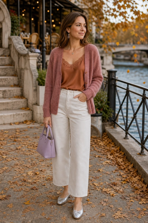 A woman wears a dusty rose cardigan over a rust camisole with cream wide-leg pants, silver flats, and a lavender handbag.