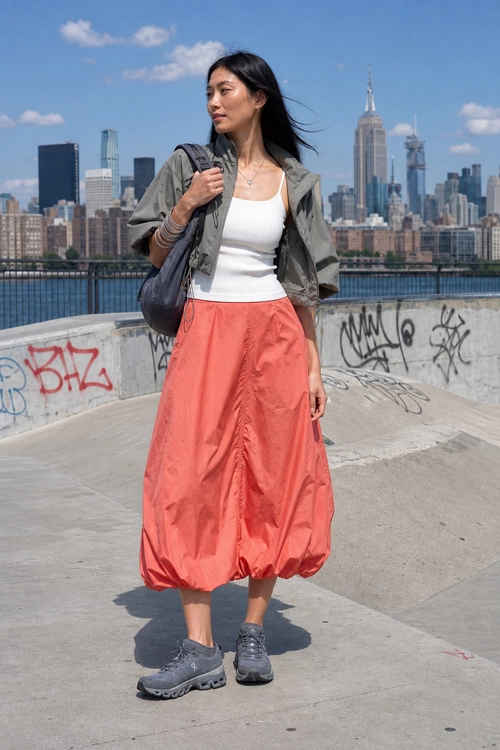 Sporty Coral Skirt Outfit Woman wearing a gray cropped jacket, white ribbed tank top, coral midi skirt, gray sneakers, and a dark shoulder bag.