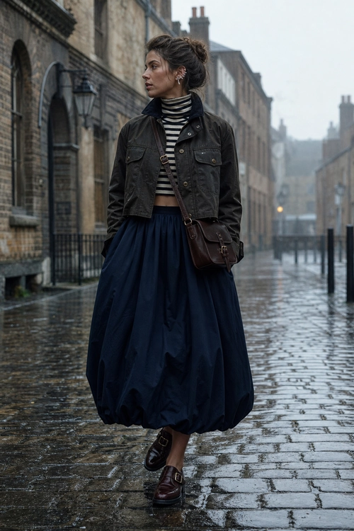 Striped Turtleneck and Navy Balloon Skirt Outfit A woman wears a charcoal cropped jacket over a black-and-white striped turtleneck with a voluminous navy skirt, brown crossbody bag, and dark buckled loafers.