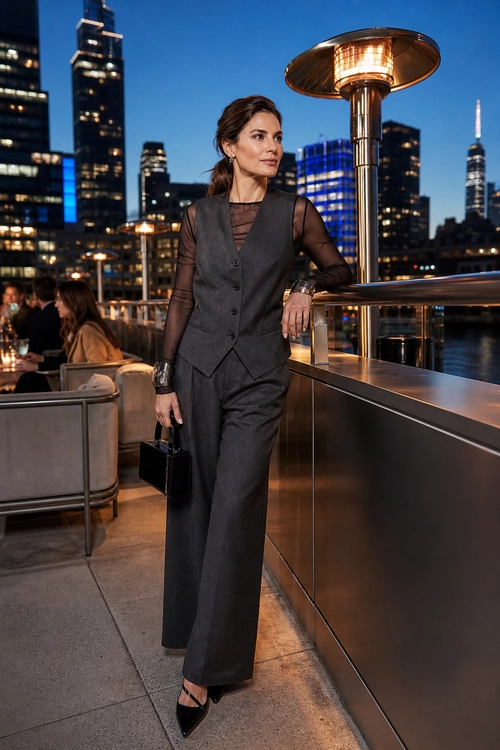 Tailored Evening Suit Woman wearing a charcoal gray vest and wide-leg trousers over a sheer black long-sleeve top on a rooftop terrace at night.
