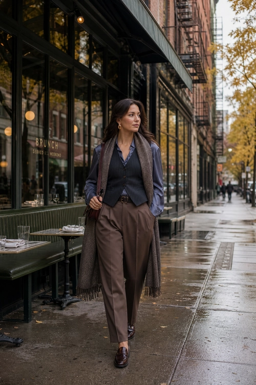 Tailored Vest and Brown Trousers A woman wears a navy tailored vest over a blue button-down shirt with brown pleated trousers and a long brown scarf on a city sidewalk.
