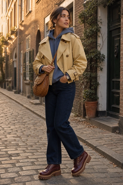 Trench Coat and Hoodie Outfit A tan trench coat layered over a blue hoodie with dark wide-leg jeans, brown lug-sole boots, and a woven shoulder bag.