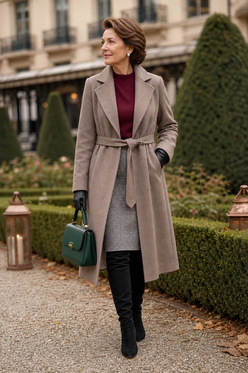 A woman wears a taupe belted coat over a burgundy turtleneck, checked skirt, black gloves, black boots, and a dark green handbag.