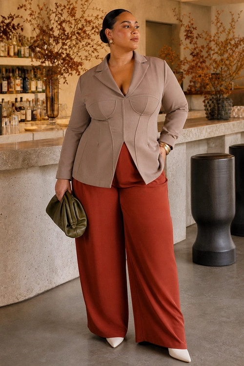 A woman wears a taupe tailored blazer with rust wide-leg trousers, white pointed-toe heels, and an olive green clutch.