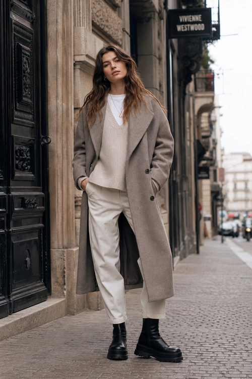Taupe Coat and Cream Trousers A layered neutral outfit featuring a long taupe coat, cream knit sweater, light trousers, and black chunky ankle boots.