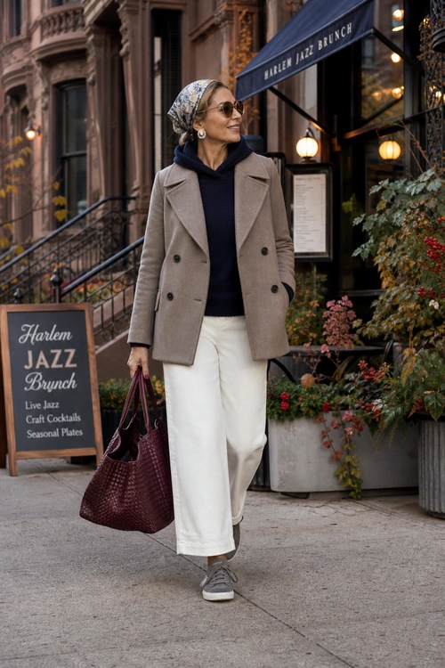 Chic Brunch Layering A woman wears a taupe double-breasted coat over a navy hoodie with white wide-leg pants, gray sneakers, a patterned headscarf, sunglasses, and a burgundy woven tote.