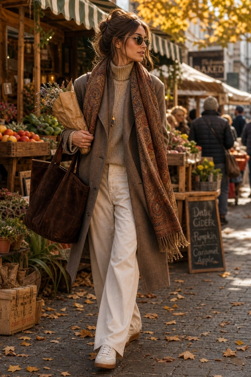 A woman wears a long taupe coat, beige turtleneck sweater, paisley scarf, white wide-leg trousers, white sneakers, sunglasses, and carries a dark brown tote at an outdoor market.