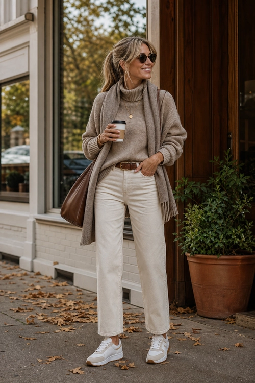 A woman wears a taupe knit turtleneck and long cardigan with cream jeans, white sneakers, sunglasses, and a brown tote.
