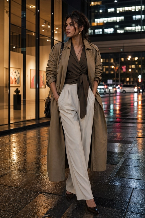 Taupe Trench Coat and Wide-Leg Trousers A woman wears a taupe trench coat over a dark brown draped blouse with ivory wide-leg trousers and pointed heels.