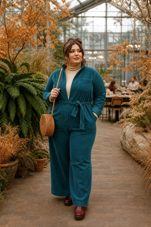 A woman wears a teal belted wide-leg jumpsuit over a cream turtleneck with a woven round crossbody bag and brown shoes.