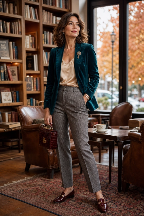 Teal Blazer and Tailored Trousers A woman wears a teal velvet blazer over a champagne camisole with gray tailored trousers, burgundy loafers, and a burgundy top-handle bag.