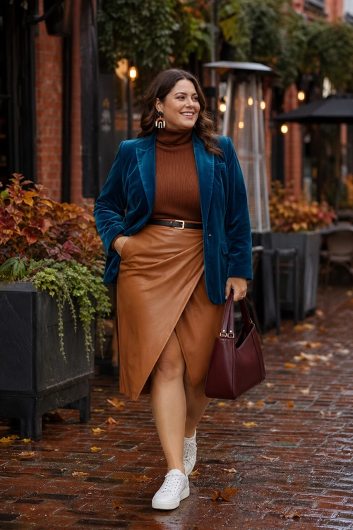 A woman wears a teal blazer over a brown turtleneck with a tan wrap skirt, white sneakers, earrings, a belt, and a burgundy handbag.