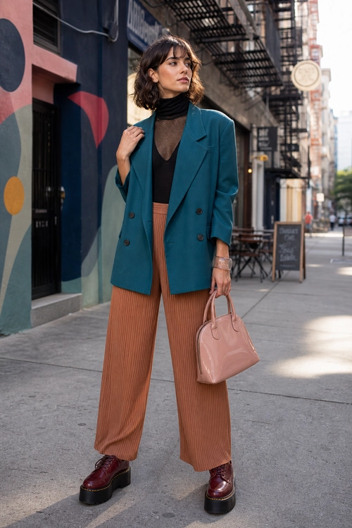 A person wears a teal double-breasted blazer over a black high-neck top with rust pleated wide-leg trousers, burgundy platform shoes, and a pink handbag.