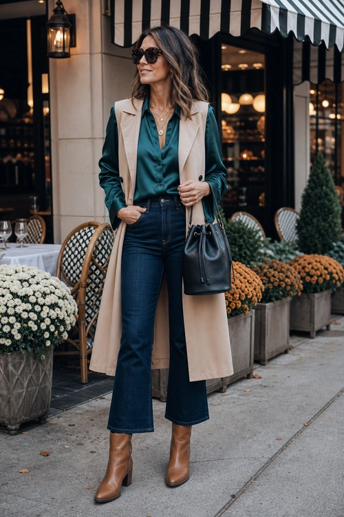 A woman wears a teal blouse with a beige sleeveless trench vest, dark cropped flare jeans, tan ankle boots, sunglasses, layered necklaces, and a black bucket bag.