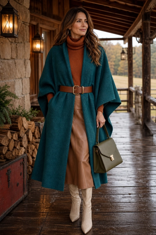 A woman wears a teal cape coat over a rust turtleneck, tan skirt, brown belt, cream boots, and an olive handbag.