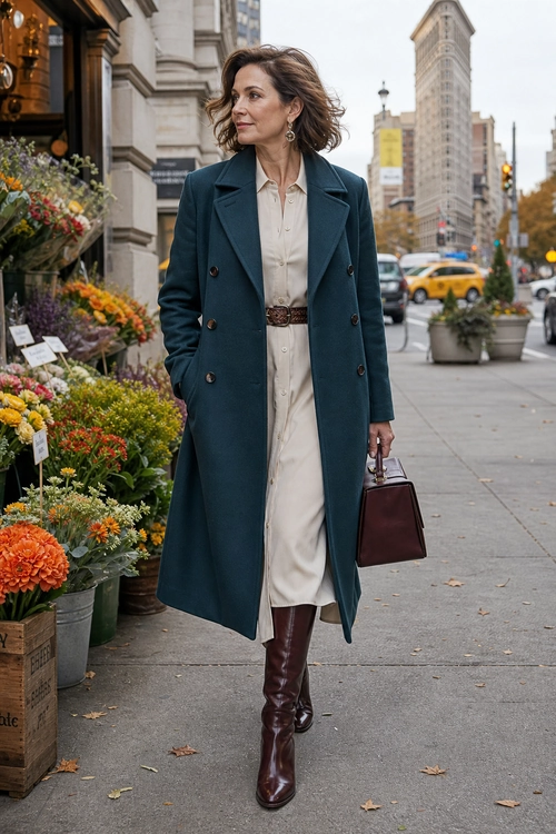 Teal Coat and Cream Dress A woman wears a teal long coat over a cream belted shirtdress with burgundy knee-high boots and a structured handbag.