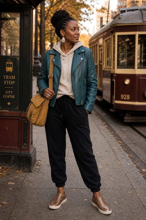 Teal Leather Jacket with Black Joggers A woman wears a teal leather jacket over a beige hoodie with black jogger pants, brown shoes, and a tan crossbody bag.