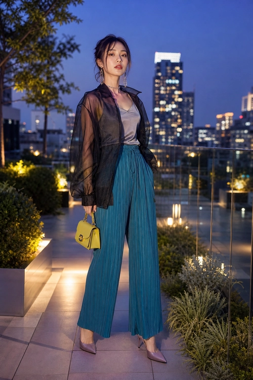 Teal Pleated Trousers with Sheer Jacket A fashion outfit featuring teal pleated wide-leg trousers, a gray satin top, a sheer black jacket, mauve pointed heels, and a yellow handbag.