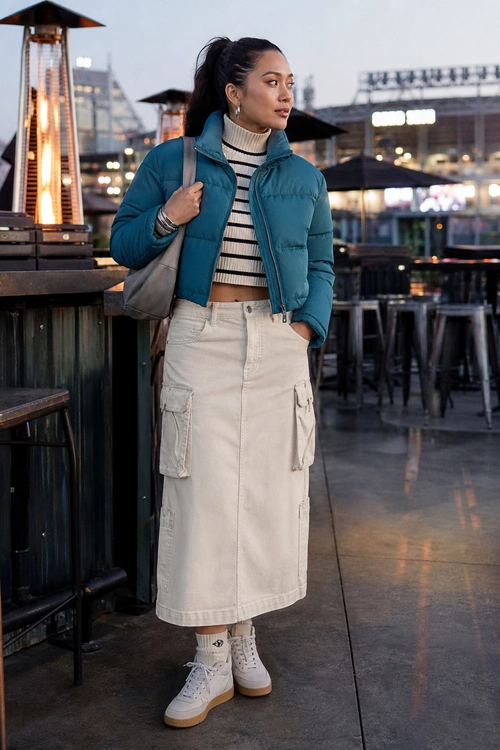 A woman wears a teal cropped puffer jacket with a striped turtleneck, cream cargo midi skirt, white high-top sneakers, and a gray shoulder bag.