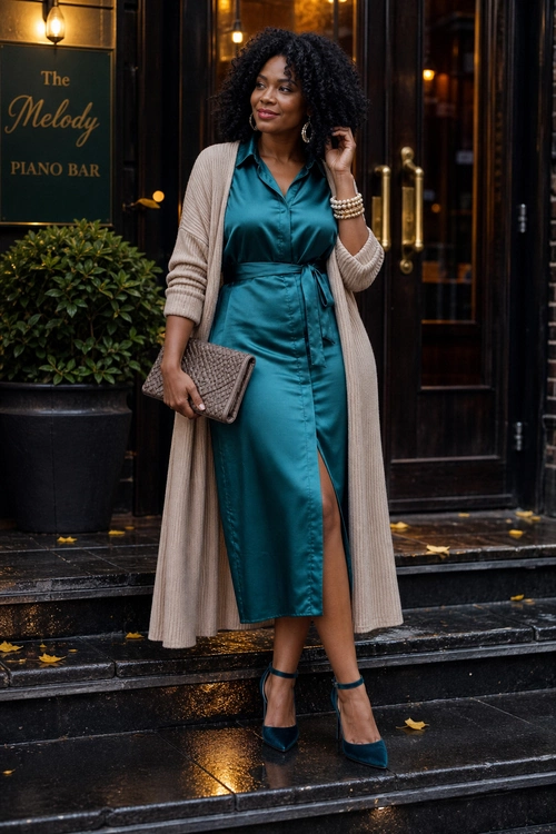 Teal Satin Dress with Long Cardigan A woman wears a teal satin midi dress with a beige long cardigan, teal ankle-strap heels, a taupe clutch, and pearl bracelets.