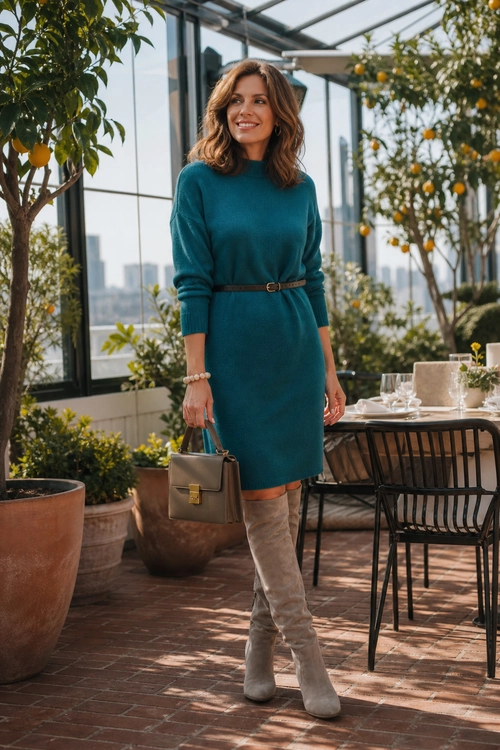 Teal Sweater Dress Outfit A woman wears a teal belted sweater dress with taupe knee-high boots, a structured handbag, and a pearl bracelet.