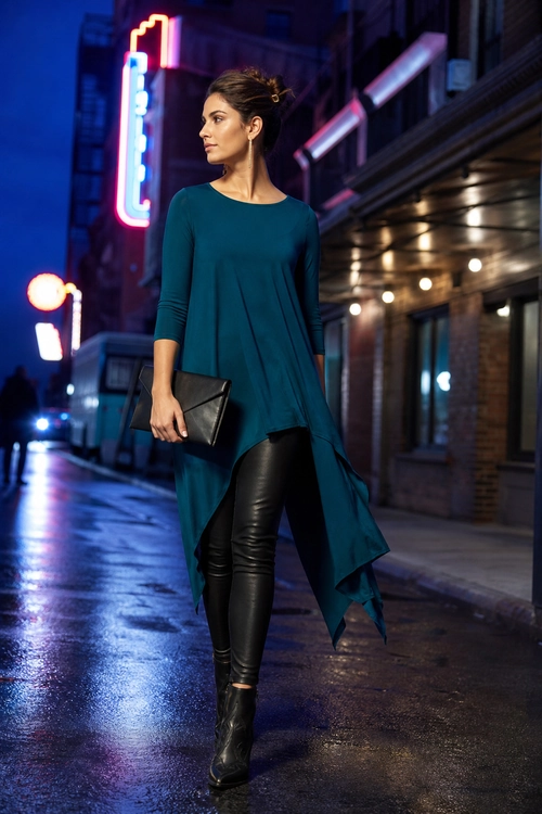 Teal Tunic and Black Leggings A woman wears a teal asymmetrical tunic with black leather-look leggings, ankle boots, and a black clutch on a wet city street at night.