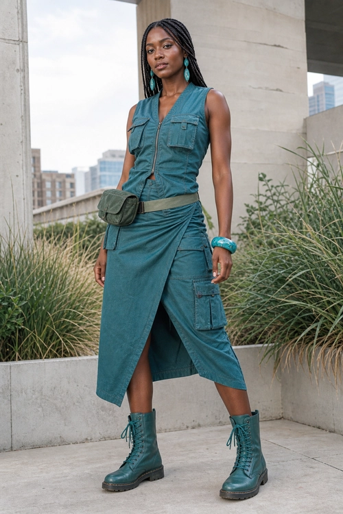 Teal Utility Dress Outfit A woman wears a teal sleeveless utility dress with a wrap front, olive belt bag, lace-up combat boots, and turquoise accessories.
