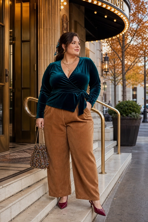 Teal Velvet and Camel Trousers A woman wears a deep teal velvet wrap top with camel wide-leg pants, burgundy pointed heels, layered necklaces, and a beaded handbag.