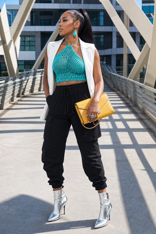 Turquoise Halter Top with White Vest A fashion outfit featuring a turquoise crochet halter crop top, white tailored vest, black jogger cargo pants, silver pointed ankle boots, and a mustard yellow clutch.