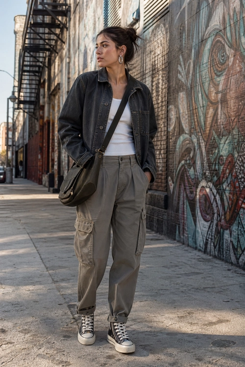 Urban Cargo Pants Outfit Woman wearing a dark jacket, white tank top, gray cargo pants, high-top sneakers, and a crossbody bag on a graffiti-lined city sidewalk.