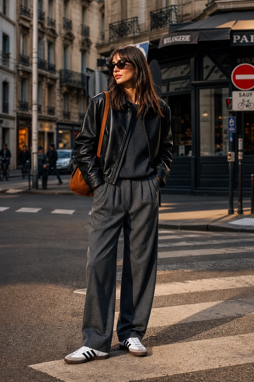 Urban Leather Jacket Outfit A woman wears a black leather jacket, dark top, gray wide-leg trousers, striped sneakers, sunglasses, and a brown shoulder bag.
