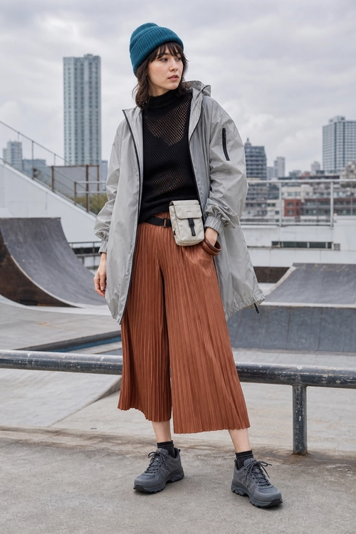 A layered urban outfit featuring a teal beanie, gray hooded jacket, black top, rust pleated culottes, white crossbody pouch, and chunky black boots.