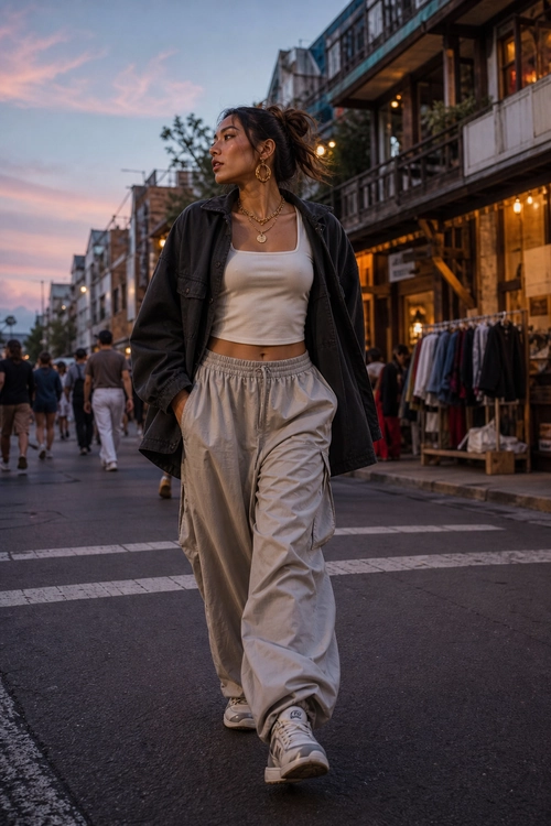 Urban Streetwear Outfit A woman wears a black oversized jacket, white cropped tank top, loose beige utility pants, and white sneakers while walking through a city street.