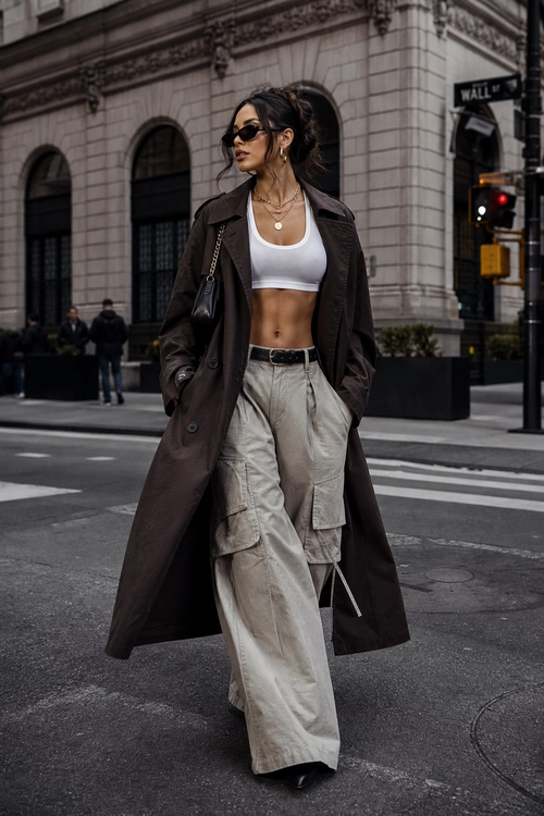 Urban Trench Coat and Cargo Pants A street-style outfit featuring a long brown trench coat, white cropped top, beige cargo pants, black sunglasses, and a shoulder bag.