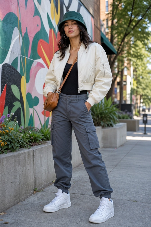 A casual streetwear outfit featuring a cream bomber jacket, black top, gray cargo pants, white high-top sneakers, a green bucket hat, and a brown crossbody bag.