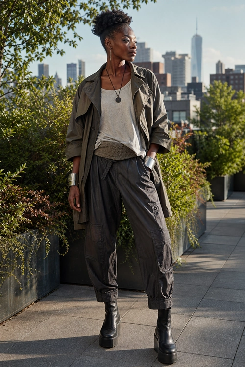 Urban Utility Outfit A person wears an olive-gray jacket, light gray top, dark cargo jogger pants, and black platform boots on a rooftop terrace.